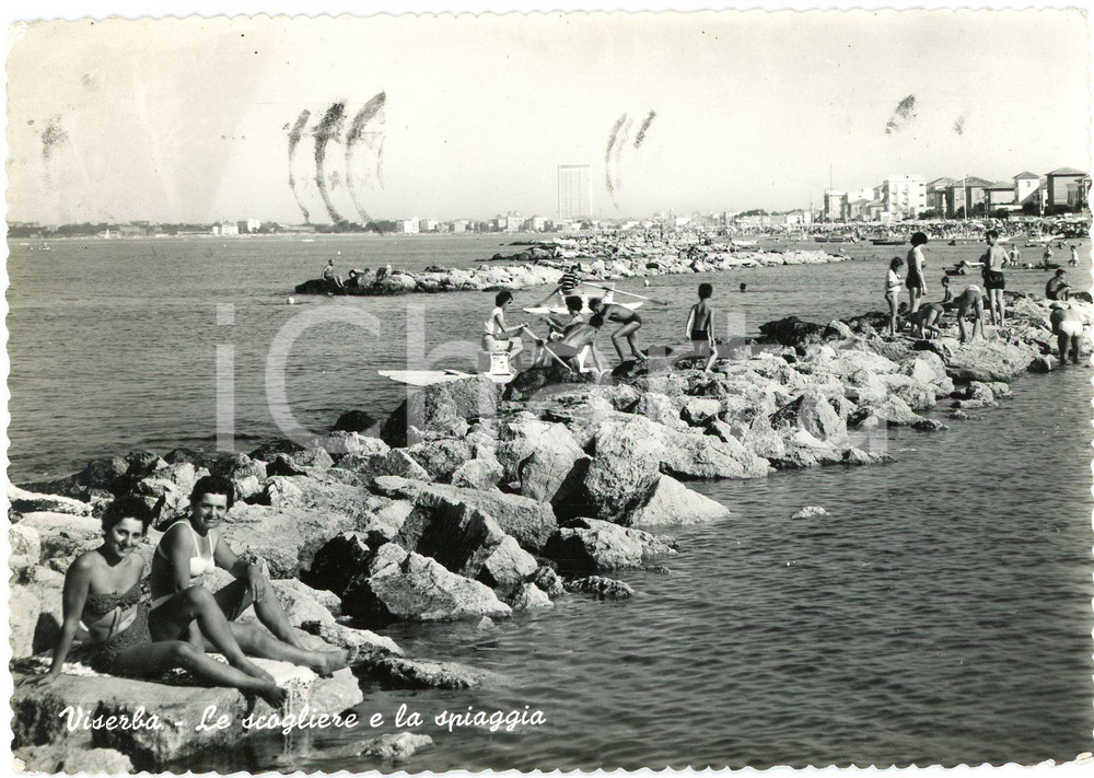Cartolina originale da collezione 1961 VISERBA DI RIMINI Turisti sul pedalÃ²  Cartolina ANIMATA FG VG 1