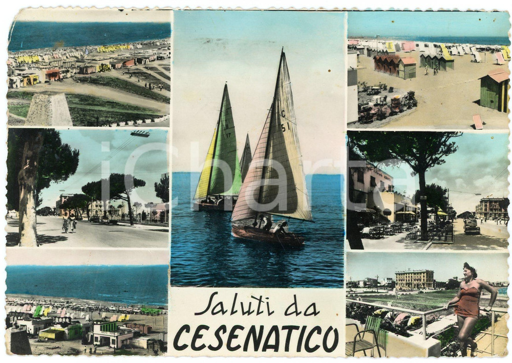 1957 CESENATICO (FC) Vedutine della cittÃ  - Cartolina ANIMATA FG VG Cartolina d'epoca viaggiata FAIR/discreto Smussature agli angoli, lieve mancanza all'angolo superiore sinistro Formato: 15x10 cm originale e autentica 1