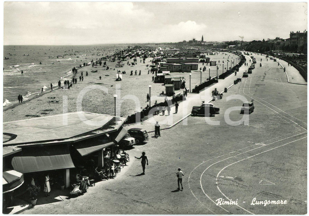 Cartolina originale da collezione 1957 RIMINI Lungomare e la spiaggia  Cartolina ANIMATA FG VG 1