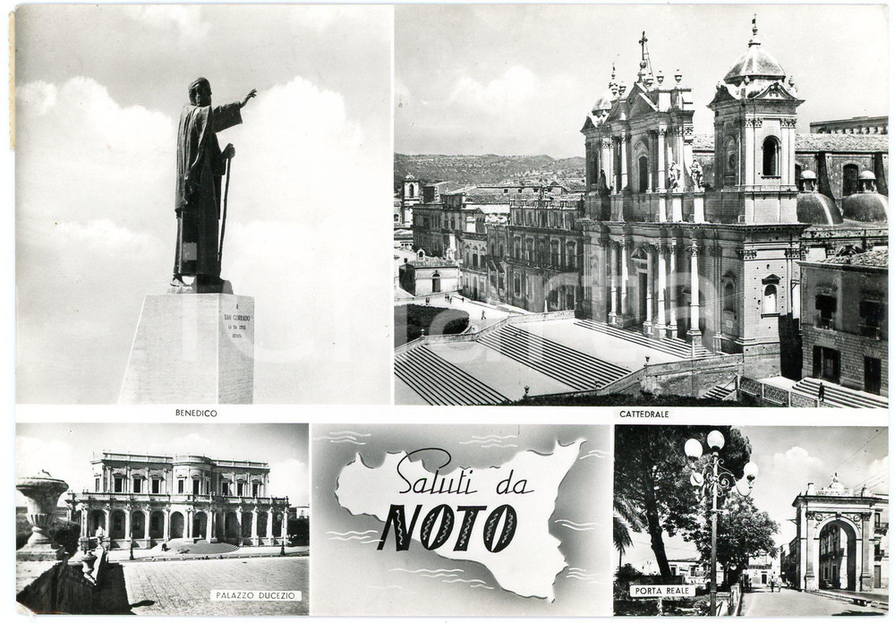 1959 NOTO (SR) Palazzo DUCEZIO Statua di San Corrado e Cattedrale - Cartolina FG