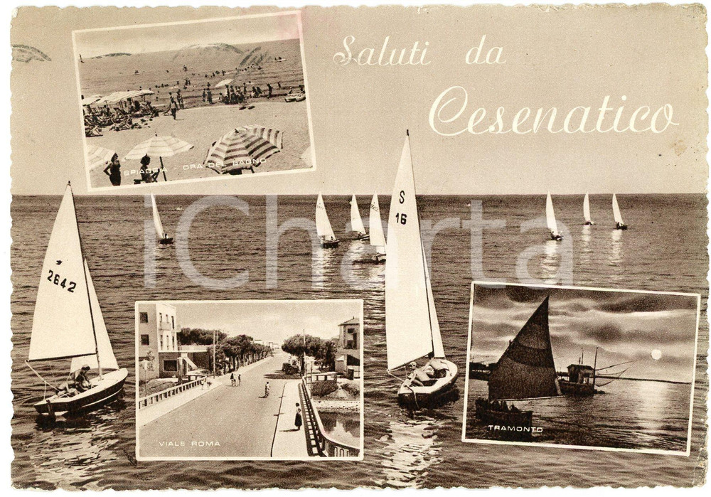 1958 CESENATICO Spiaggia - Viale Roma - Il mare al tramonto - Cartolina ANIMATA