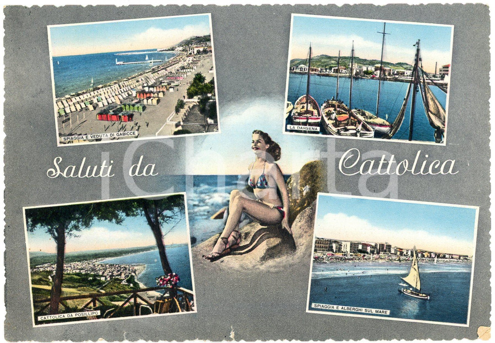 Cartolina originale da collezione 1956 CATTOLICA RN Vedutine con PINUP in bikini  Cartolina FG VG 1