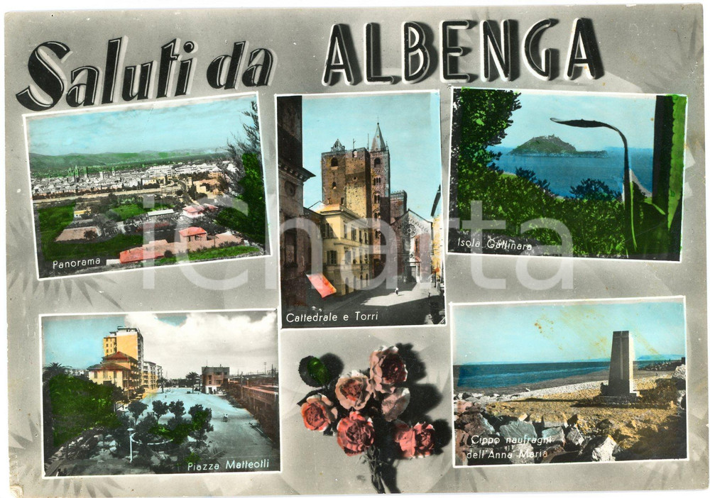 Cartolina originale da collezione 1961 ALBENGA SV Cattedrale e torri  Cippo naufraghi ANNA MARIA Cartolina 1