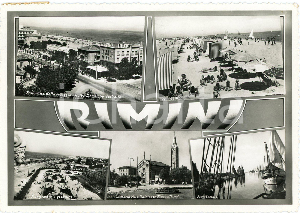 Cartolina originale da collezione 1953 RIMINI Hotel MOCAMBO Spiaggia  Chiesa Maria Ausiliatrice  Cartolina FG VG 1