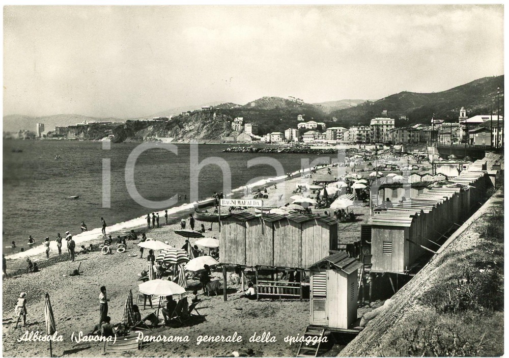 Cartolina originale da collezione 1949 ALBISOLA SV Bagnanti presso i Bagni Mafalda  Cartolina ANIMATA FG VG 1