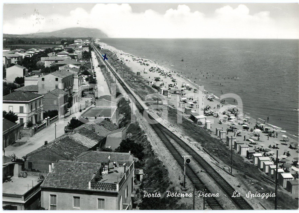1959 PORTO POTENZA PICENA - La spiaggia e la ferrovia - Cartolina ANIMATA FG VG