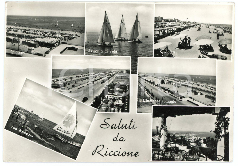 Cartolina originale da collezione 1962 RICCIONE Vedutine con barca a vela BIORO Olio solare   Cartolina FG VG 1