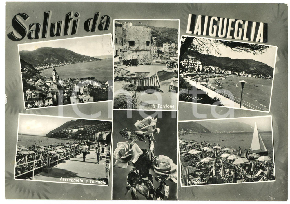 Cartolina originale da collezione 1961 LAIGUEGLIA SV La spiaggia  Il Torrione  Cartolina ANIMATA FG VG 1