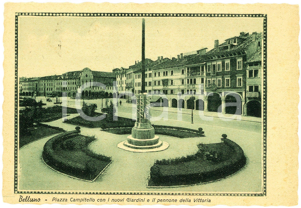 Cartolina originale da collezione 1951 BELLUNO Piazza Campitello Nuovi Giardini  Pennone della Vittoria Cartolina 1