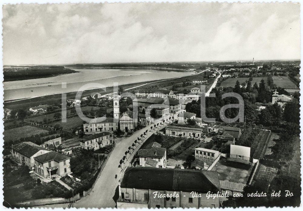 Cartolina originale da collezione 1958 FICAROLO RO Via Giglioli con vista sul Fiume Po  Cartolina FG VG 1