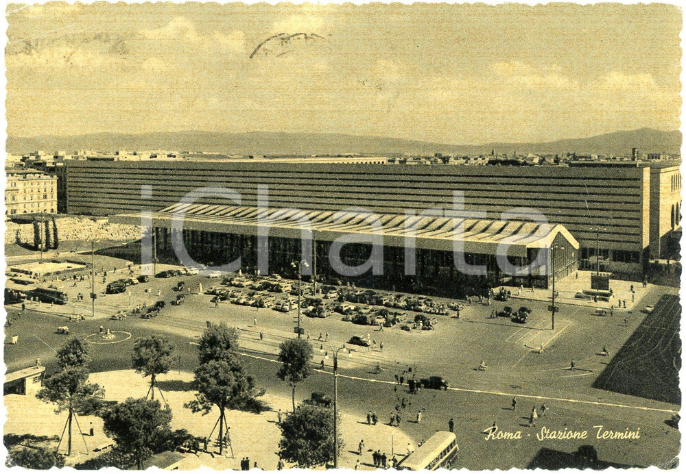 Cartolina originale da collezione 1958 ROMA  Stazione Termini e Piazza dei Cinquecento  Cartolina ANIMATA FG VG 1