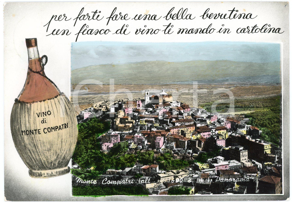 Cartolina originale da collezione 1956 MONTE COMPATRI RM Panorama e fiasco di vino  Cartolina FG VG 1