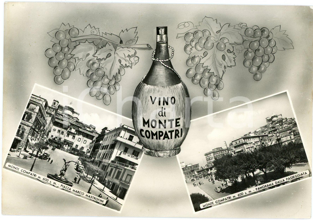 Cartolina originale da collezione 1960 MONTE COMPATRI Piazza Marco Mastrofini e fiasco di vino  Cartolina FG VG 1