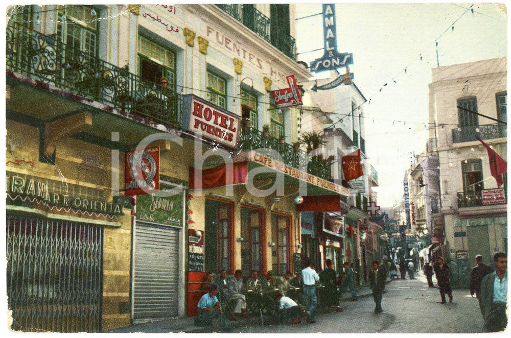 Cartolina originale da collezione 1958 TANGER  MOROC Zoco Chico  Hotel Fuentes  Cartolina ANIMATA FG VG 1