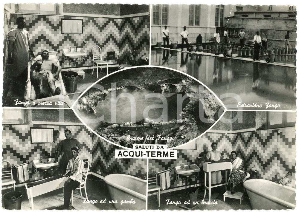 Cartolina originale da collezione 1955 ACQUI TERME Vari tipi di trattamenti col fango  Cartolina ANIMATA FG VG 1
