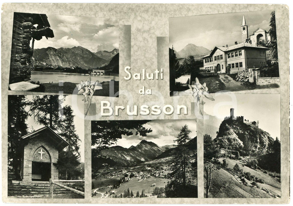 Cartolina originale da collezione 1960 BRUSSON AO Panorama con Lago di Brusson e Castello di Graines  Cartolina 1