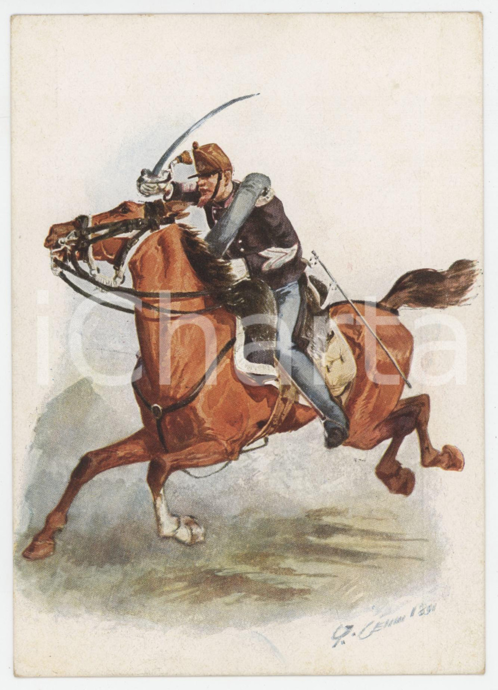 Cartolina originale da collezione 1950 ca Artista Quinto CENNI Cavalleggeri Monferrato FURIERE MAGGIORE Cartolina 1