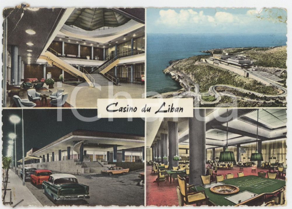 1961 BEIRUT - LIBANO Vedute del Casino du Liban - Cartolina DANNEGGIATA FG VG Cartolina d'epoca viaggiata VERY POOR/gravemente danneggiato Piegature agli angoli, abrasione all'angolo superiore sinistro, forellini da affissione, strappi ai margini Formato: 15x10 cm originale e autentica 1