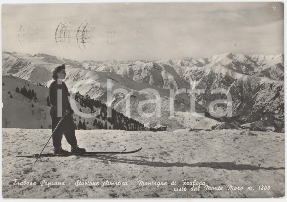 Cartolina originale da collezione 1950 ca FRABOSA SOPRANA Sciatrice sulle pendici del Monte Moro Cartolina ANIMATA 1