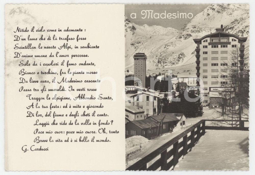 1950ca MADESIMO Panorama e poesia "Sant'Abbondio" di Giosuè Carducci - Cartolina