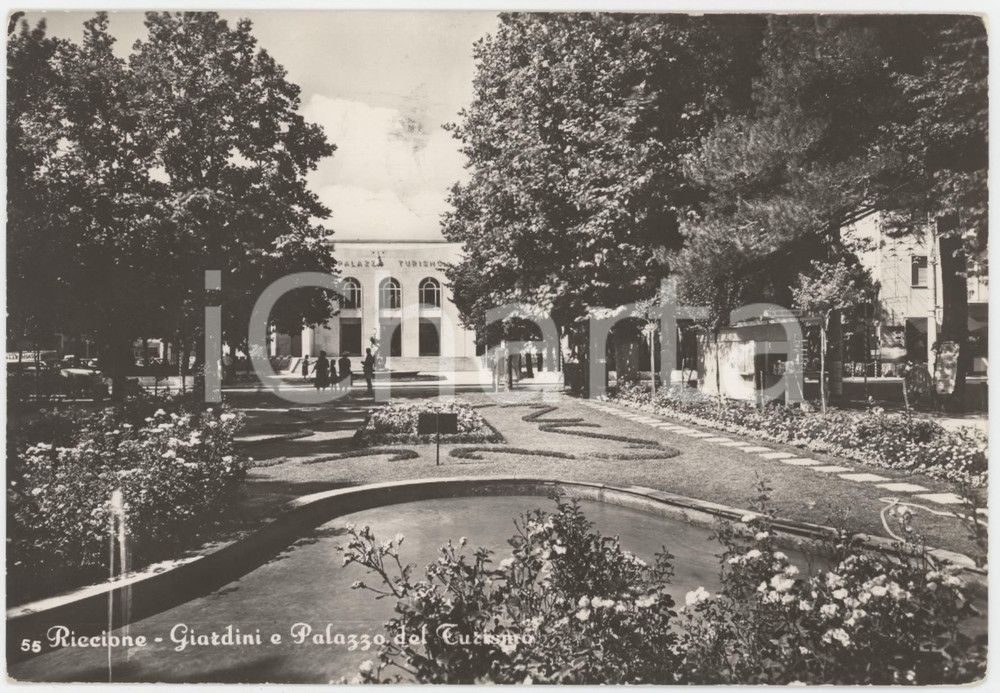 Cartolina originale da collezione 1960 RICCIONE Giardini e Palazzo del Turismo  Cartolina ANIMATA FG VG 1