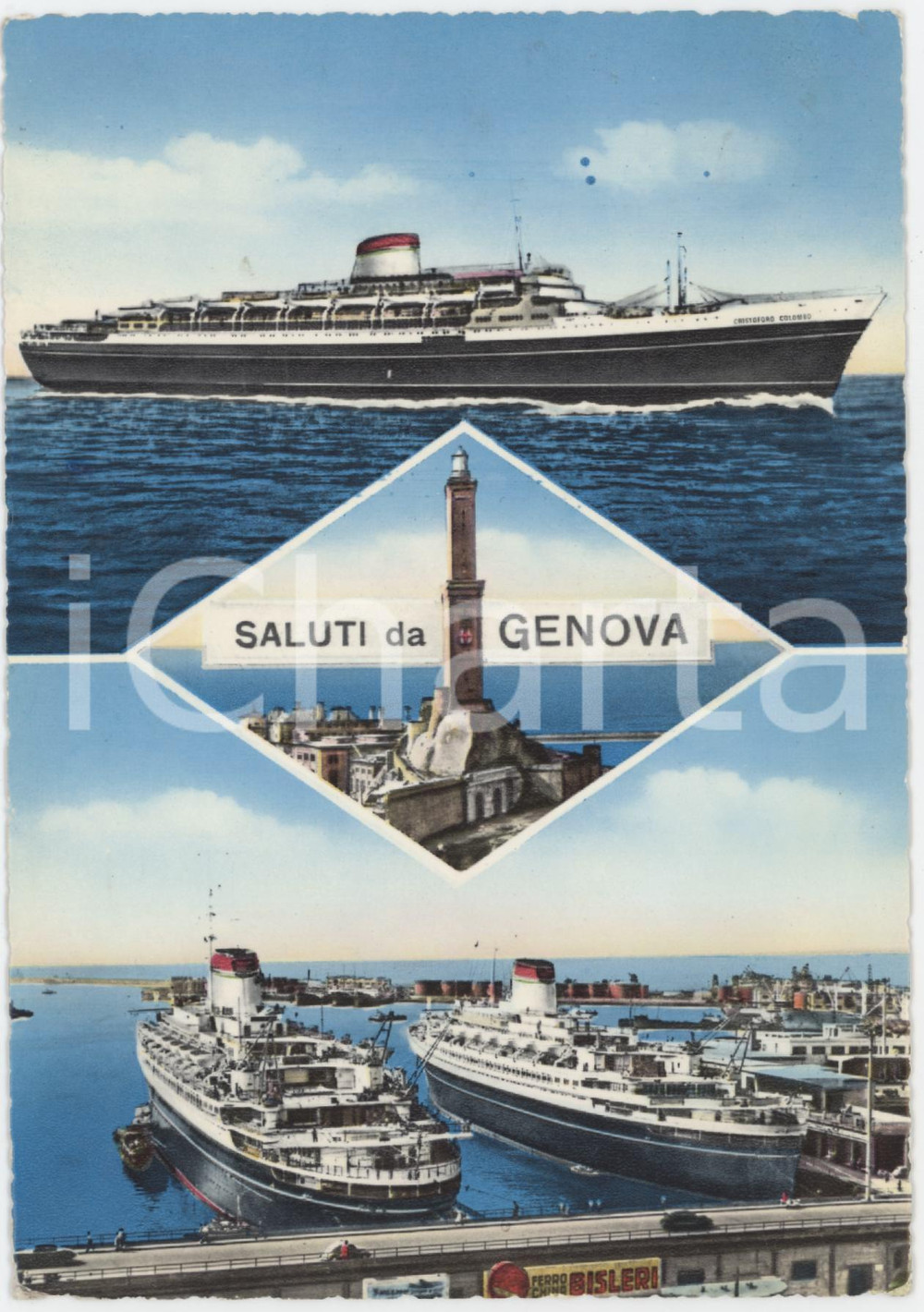Cartolina originale da collezione 1961 GENOVA Vedutine con Transatlantico Cristoforo Colombo  Cartolina FG VG 1