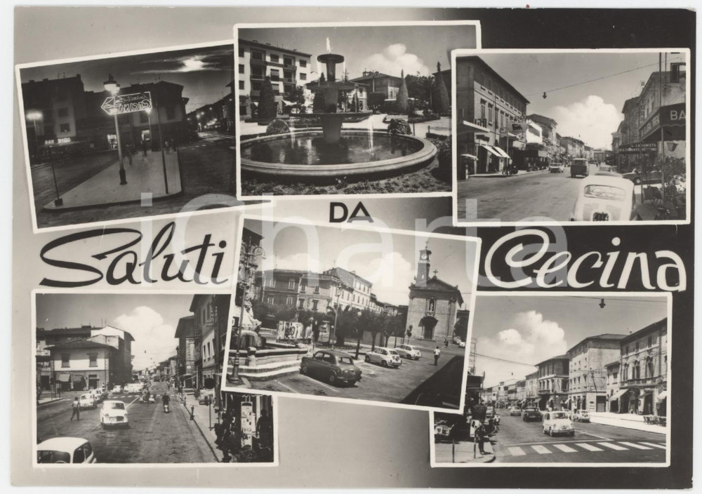 Cartolina originale da collezione 1963 CECINA LI Vedutine con FIAT 600  Cartolina ANIMATA FG VG 1