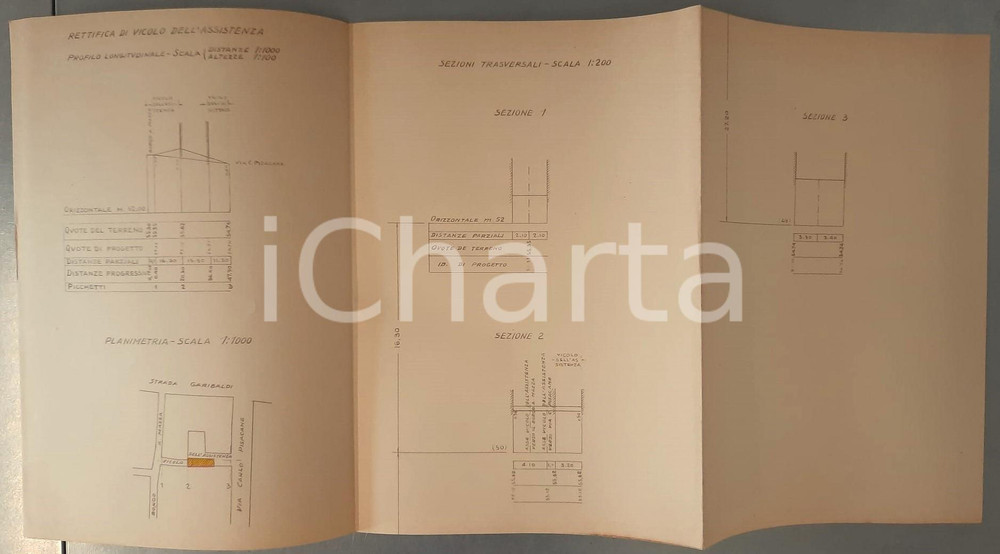 Mappa, planimetria storica 1925 ca PARMA Rettifica Vicolo dell Assistenza  Progetto Planimetria 41x31 cm 1