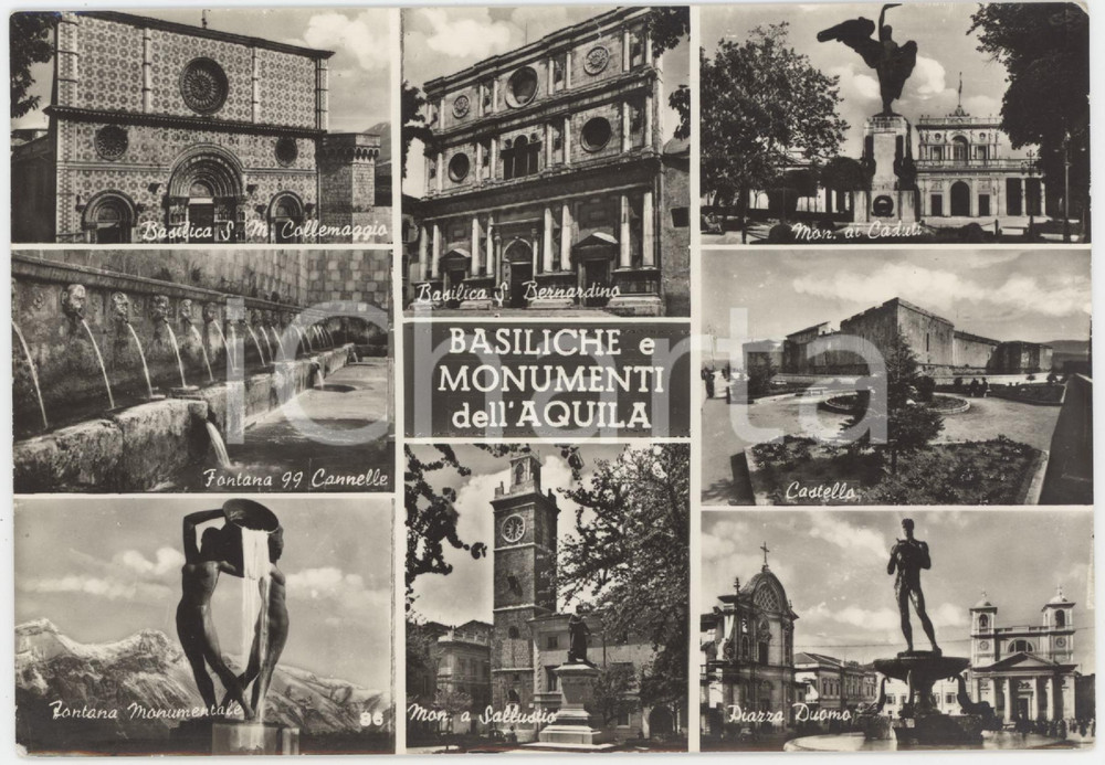 Cartolina originale da collezione 1950 ca L AQUILA Basilica Collemaggio  Castello  Fontana 99 Cannelle Cartolina 1