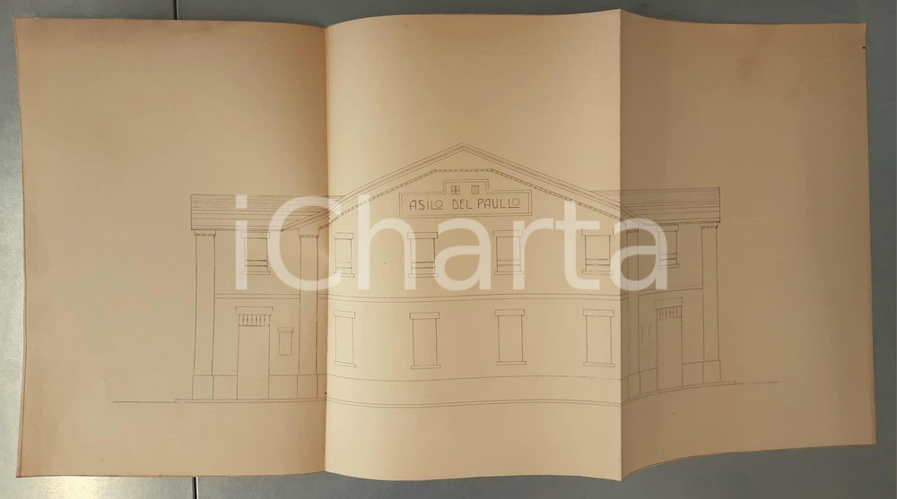 Mappa, planimetria storica 1925 ca PARMA  ASILO DEL PAULLO per sfrattati  Progetto facciata 42x31 cm 1