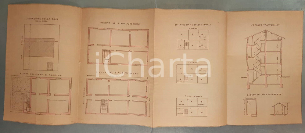 Mappa, planimetria storica 1925 ca PARMA Progetto fabbricato CASAGRANDE via Bologna angolo via Palermo 1