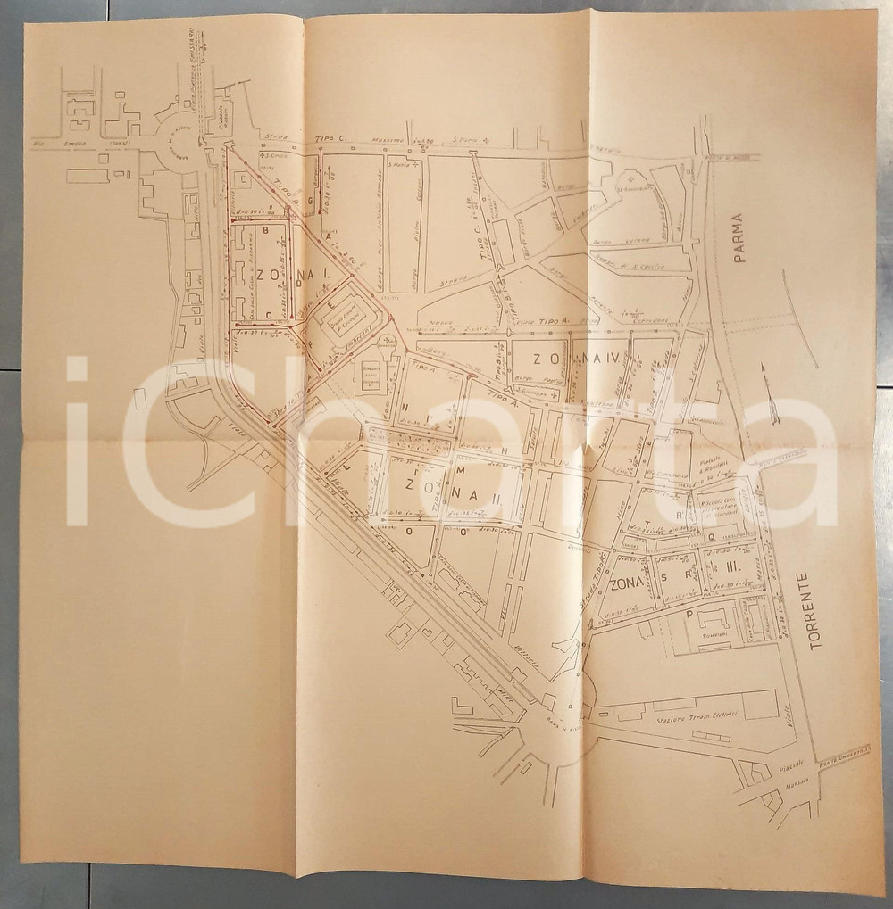 Mappa, planimetria storica 1920 ca PARMA Centro  Passaggio fognatura cittadina  Planimetria 41x43 cm 1