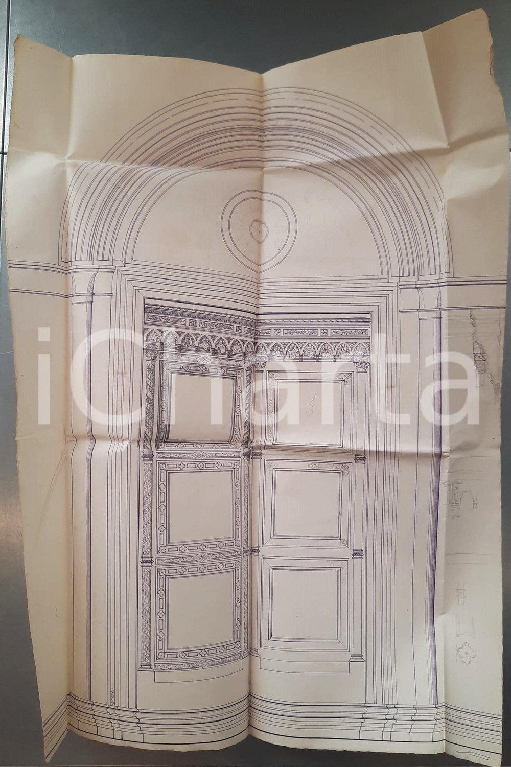 Stampa, bozzetto originale 1900 ca Area di PADOVA  ARCHITETTURA  Progetto portale Disegnato a mano 1