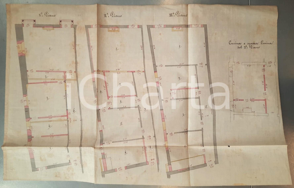 Mappa, planimetria storica 1870 PADOVA Progetto edificio Angelo FONTANAROSSA  Piani Disegnato a mano 1