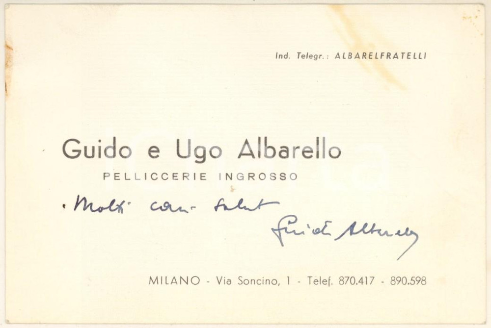 Oggetto da collezione cartaceo 1950 ca MILANO via Soncino 1  Guido e Ugo ALBARELLO pelliccerie  Biglietto 1