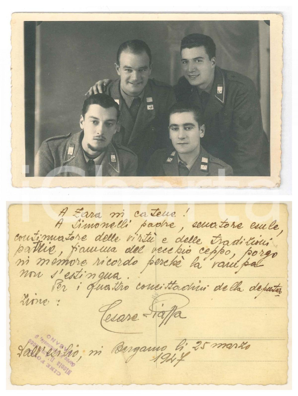 Fotografia d epoca originale 1947 BERGAMO Cesare PIAZZA  Ritratto con commilitoni  Foto con AUTOGRAFO 1