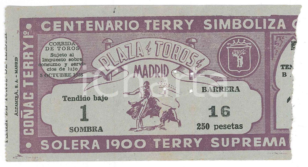 1958 MADRID Plaza de Toros - Biglietto corrida *Centenario Cognac TERRY Biglietto pubblicitario, originale d'epoca. CONDIZIONI:GOOD/buono piccoli fori da vidimazioneFORMATO: 14x8 cm originale e autentica 1