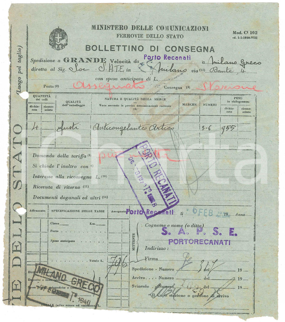 Documento originale, autentico 1940 FERROVIE DELLO STATO PORTO RECANATI Bollettino di consegna anticongelante 1