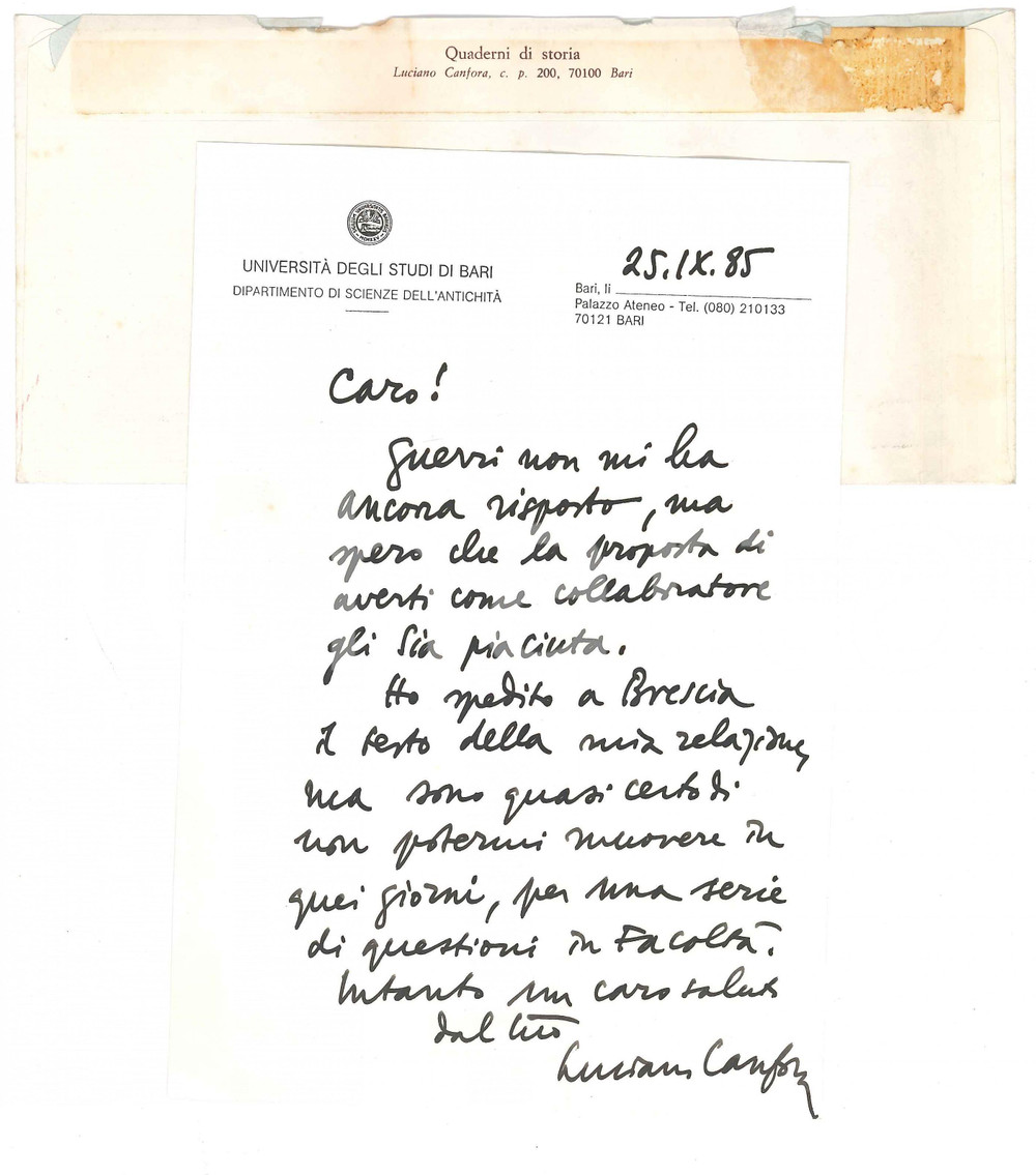 Autografo originale 1985 BARI Lettera Luciano CANFORA su conferenza a Brescia Autografo 1