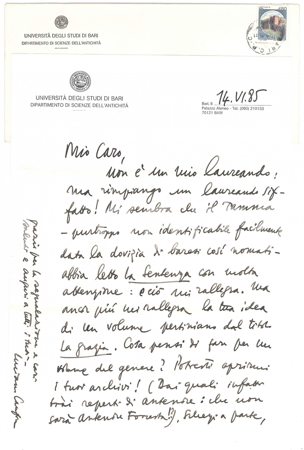 Autografo originale 1985 BARI Lettera Luciano CANFORA su un volume pertiniano Autografo 1