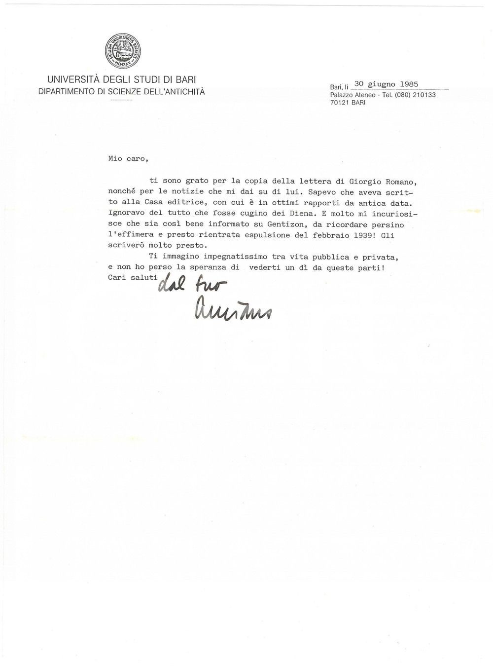 Autografo originale 1985 BARI Luciano CANFORA ringrazia per lettera di Giorgio ROMANO Autografo 1