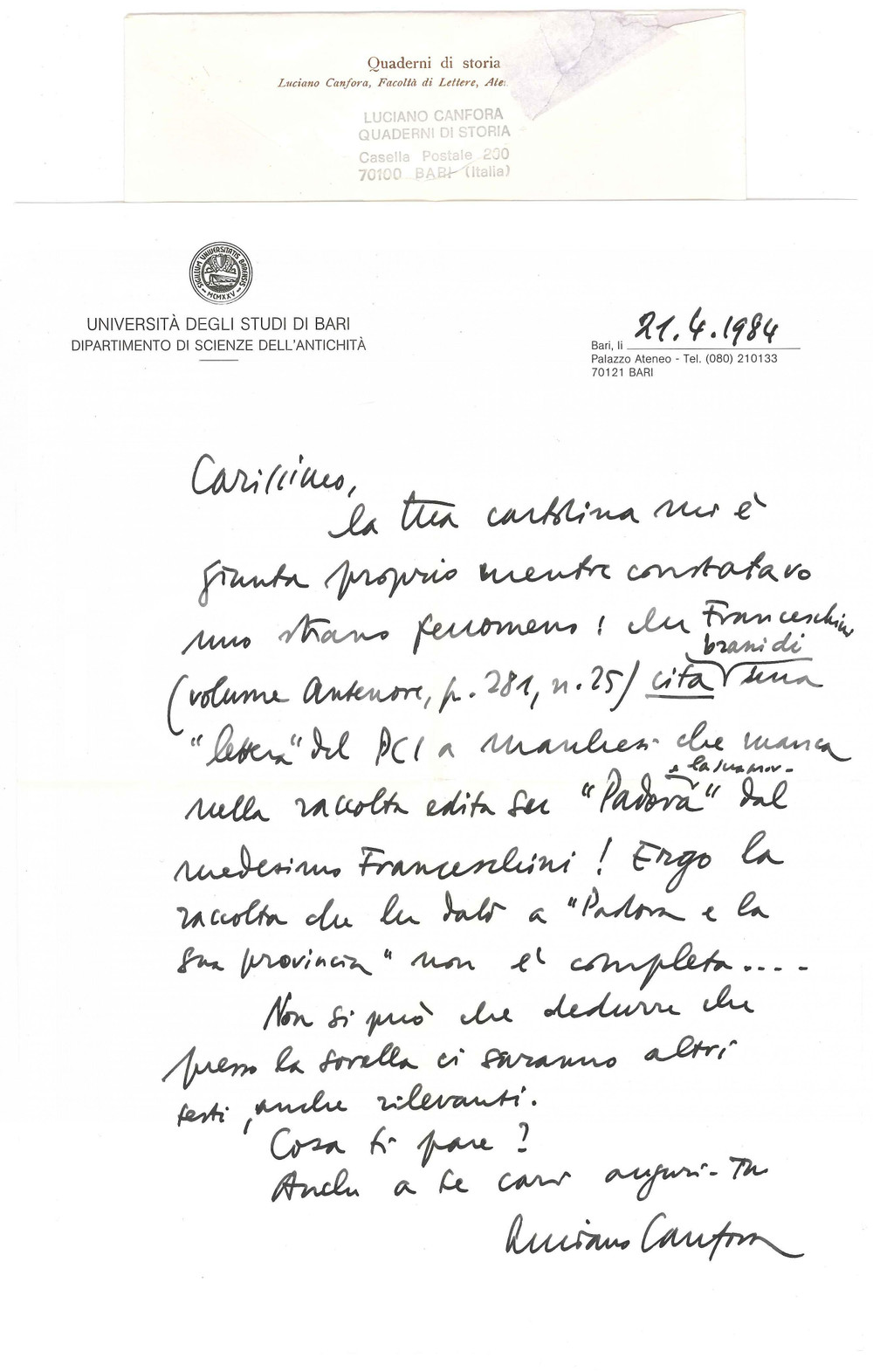 Autografo originale 1984 BARI Luciano CANFORA e una raccolta incompleta su Padova AUTOGRAFO 1