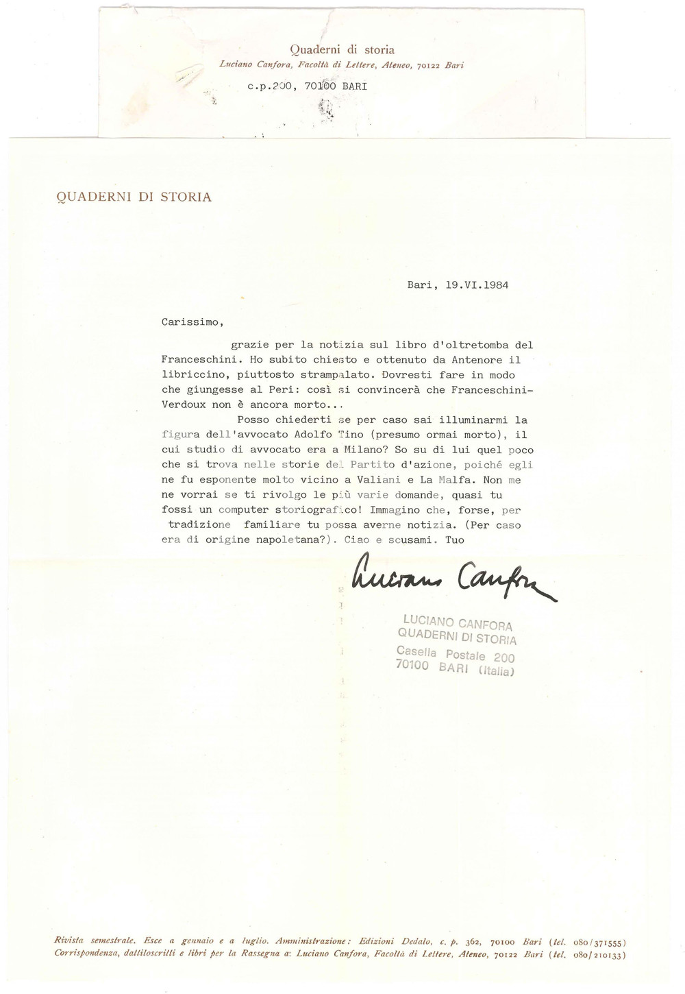 Autografo originale 1984 BARI Lettera Luciano CANFORA per notizie su Adolfo TINO Autografo 1
