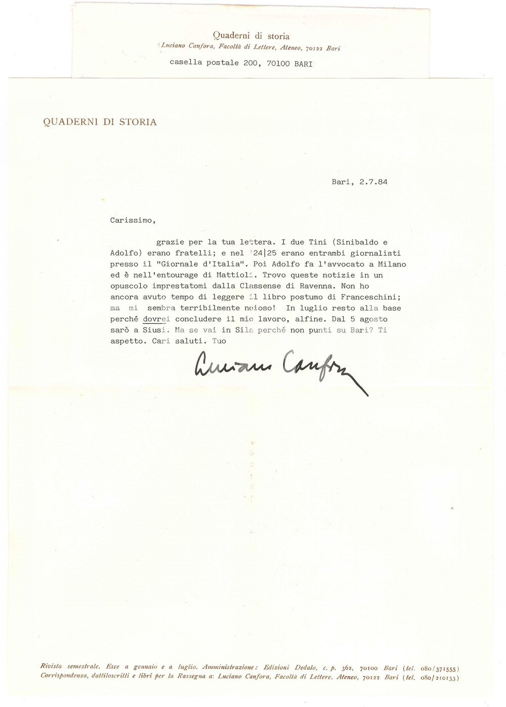 Autografo originale 1984 BARI Lettera Luciano CANFORA su avvocato Adolfo TINO Autografo 1