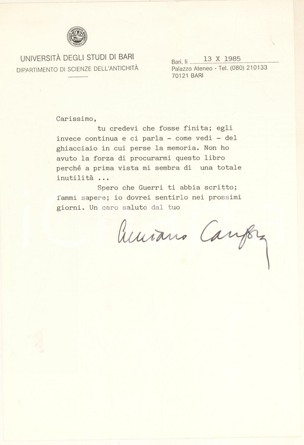 Autografo originale 1985 UniversitÃ  di BARI  Luciano CANFORA su Ezio Franceschini Autografo 1