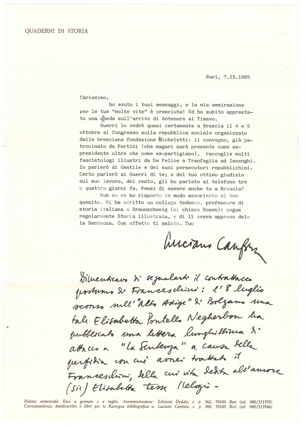 Autografo originale 1985 BARI Luciano CANFORA a un convegno di illustri fascistologiAutografo 1