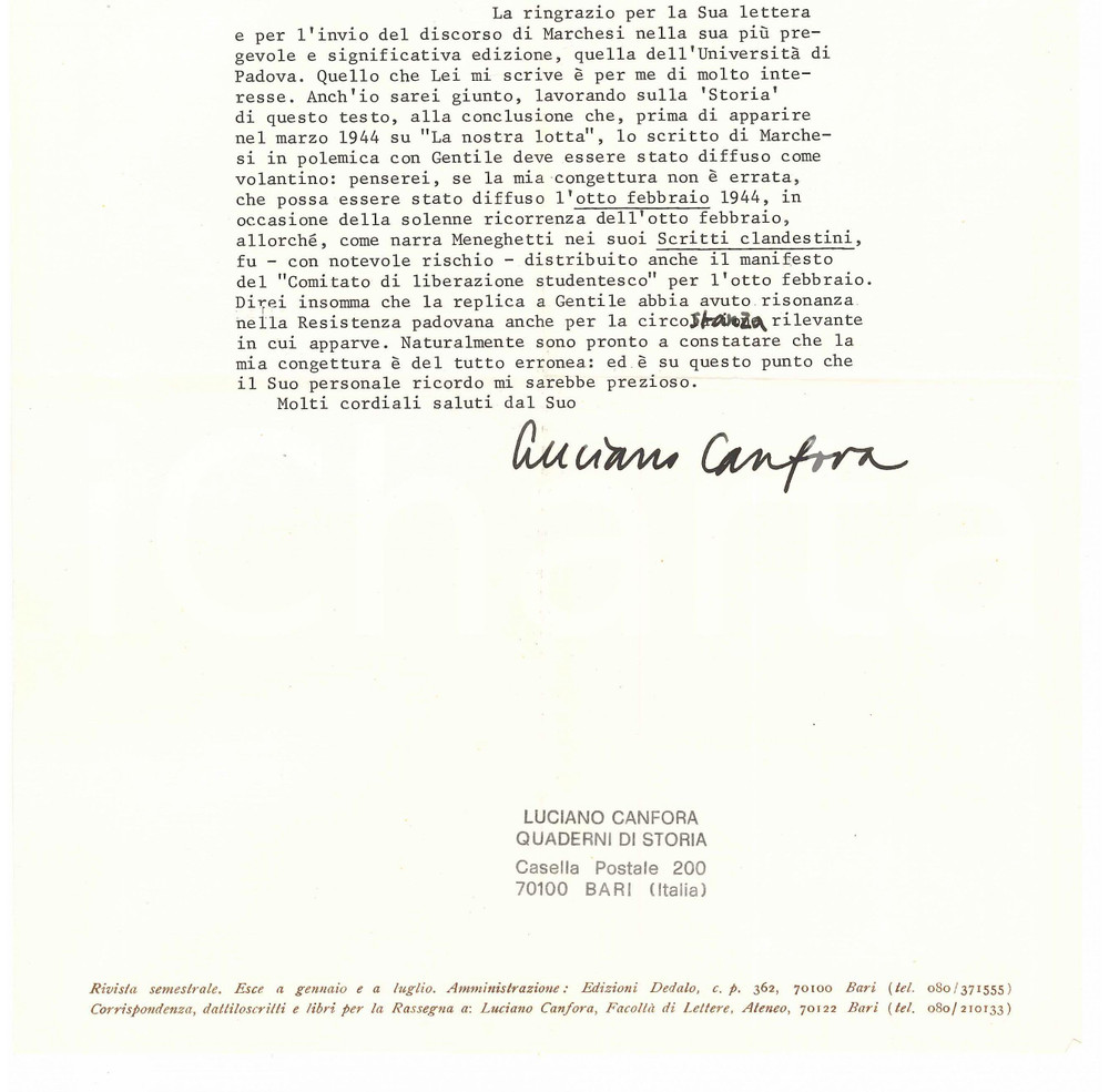 Autografo originale 1983 BARI Luciano CANFORA sulla polemica MarchesiGentile  Autografo 1
