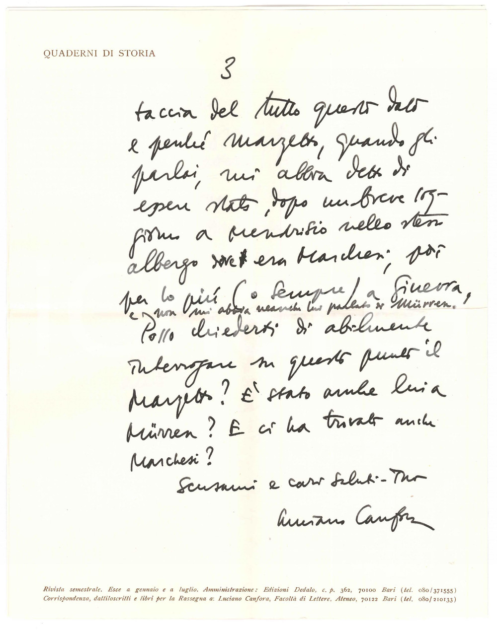 Autografo originale 1984 BARI Luciano CANFORA su Concetto Marchesi al campo di MÃ¼rren  Autografo 1
