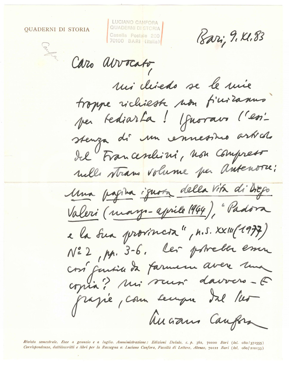 Autografo originale 1983 BARI Luciano CANFORA chiede l invio di un articolo  Autografo 1