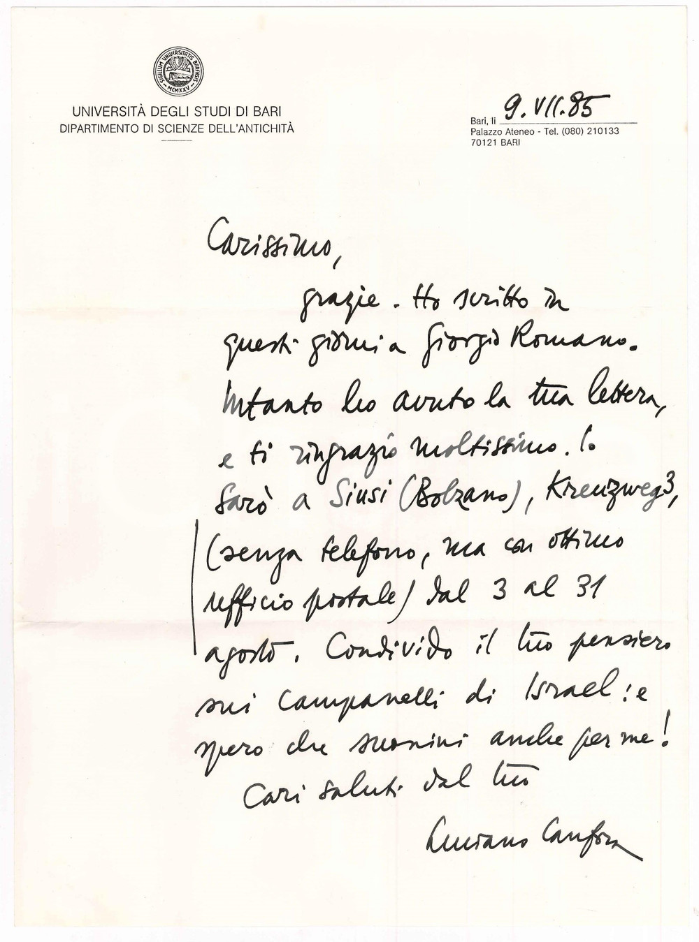 Autografo originale 1985 BARI Lettera Luciano CANFORA in partenza per Siusi Autografo 1